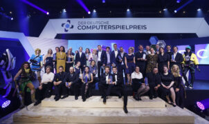 BERLIN, GERMANY - MAY 11: Groupshot of the award winners during the German Computer Game Award 2023 (Deutscher Computerspielpreis 2023) at Spindler & Klatt on May 11, 2023 in Berlin, Germany - (Photo by Franziska Krug/Getty Images for Quinke Networks)