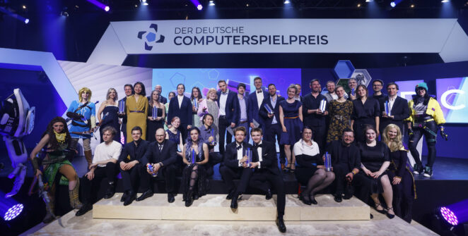 BERLIN, GERMANY - MAY 11: Groupshot of the award winners during the German Computer Game Award 2023 (Deutscher Computerspielpreis 2023) at Spindler & Klatt on May 11, 2023 in Berlin, Germany - (Photo by Franziska Krug/Getty Images for Quinke Networks)