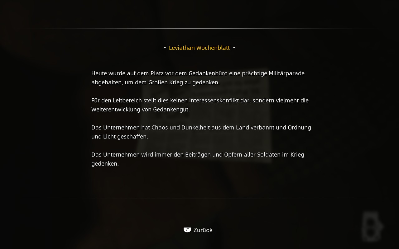 Immer wieder finden wir auch Dokumente, in denen auf einen verheerenden Krieg verwiesen wird. Leviathan nimmt diesen als wesentlichen Legitimationsgrund für die eigene Propaganda. (Screenshot auf dem Steam Deck aufgenommen)
© Wired Productions