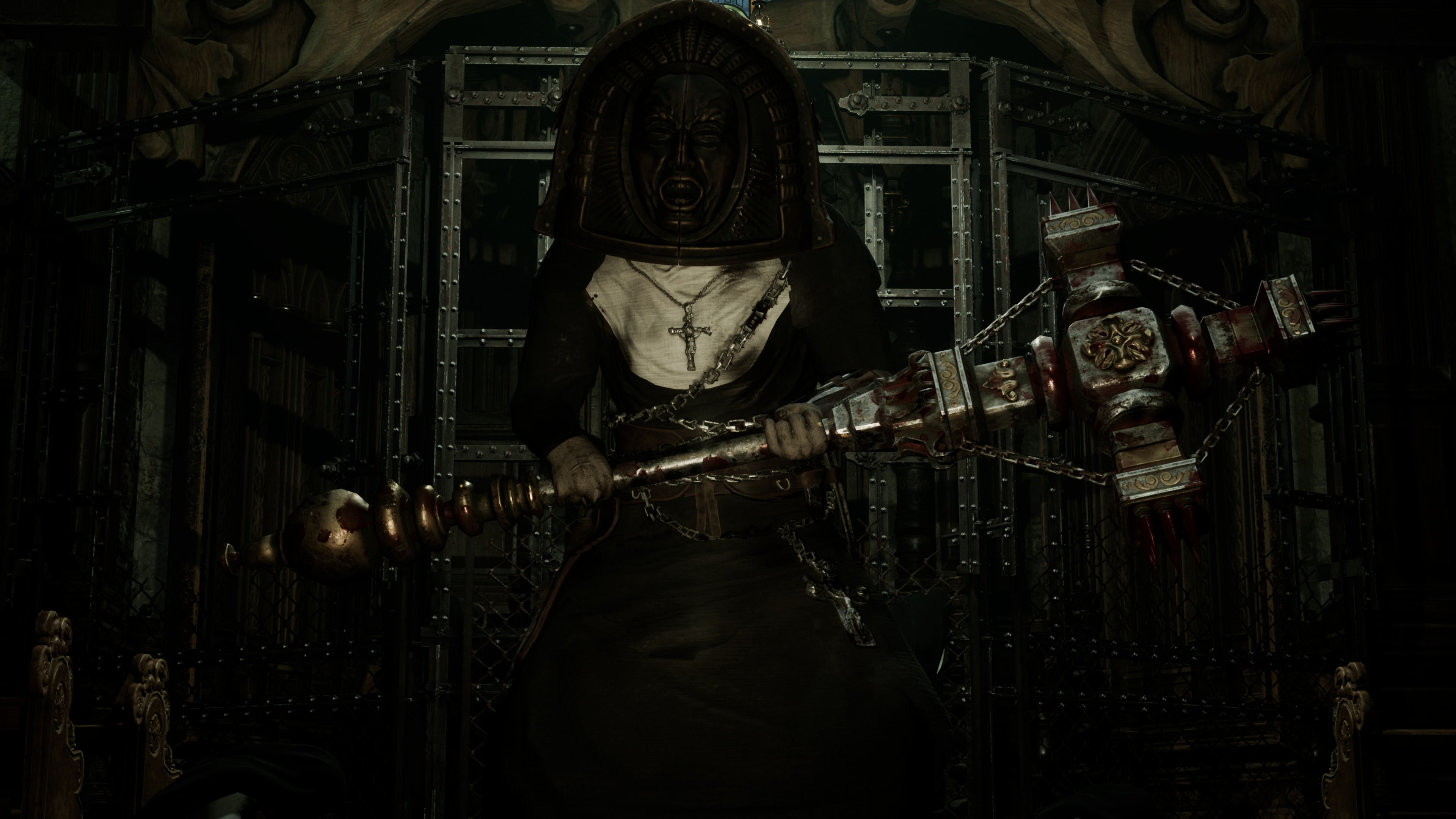 Während mir die regulären Kreaturendesigns ein stückweit zu generisch ausschauen, kommen die Bossfights mit ganz coolen Ideen daher - hier etwa die maskierte eiserne Jungfrau mit dem schweren Kruzifix. Die Bosse erfordern zudem in der Regel kreative Herangehensweisen © PQube © Dual Effect